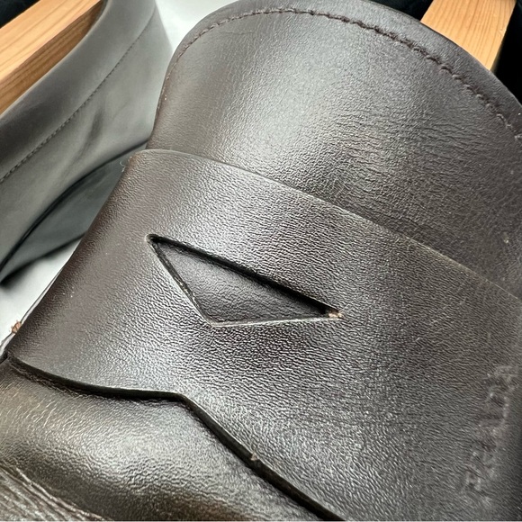 Authentic PRADA Driving Penny Loafers US Size 11 Brown Leather Rubber Soles - Picture 5 of 14